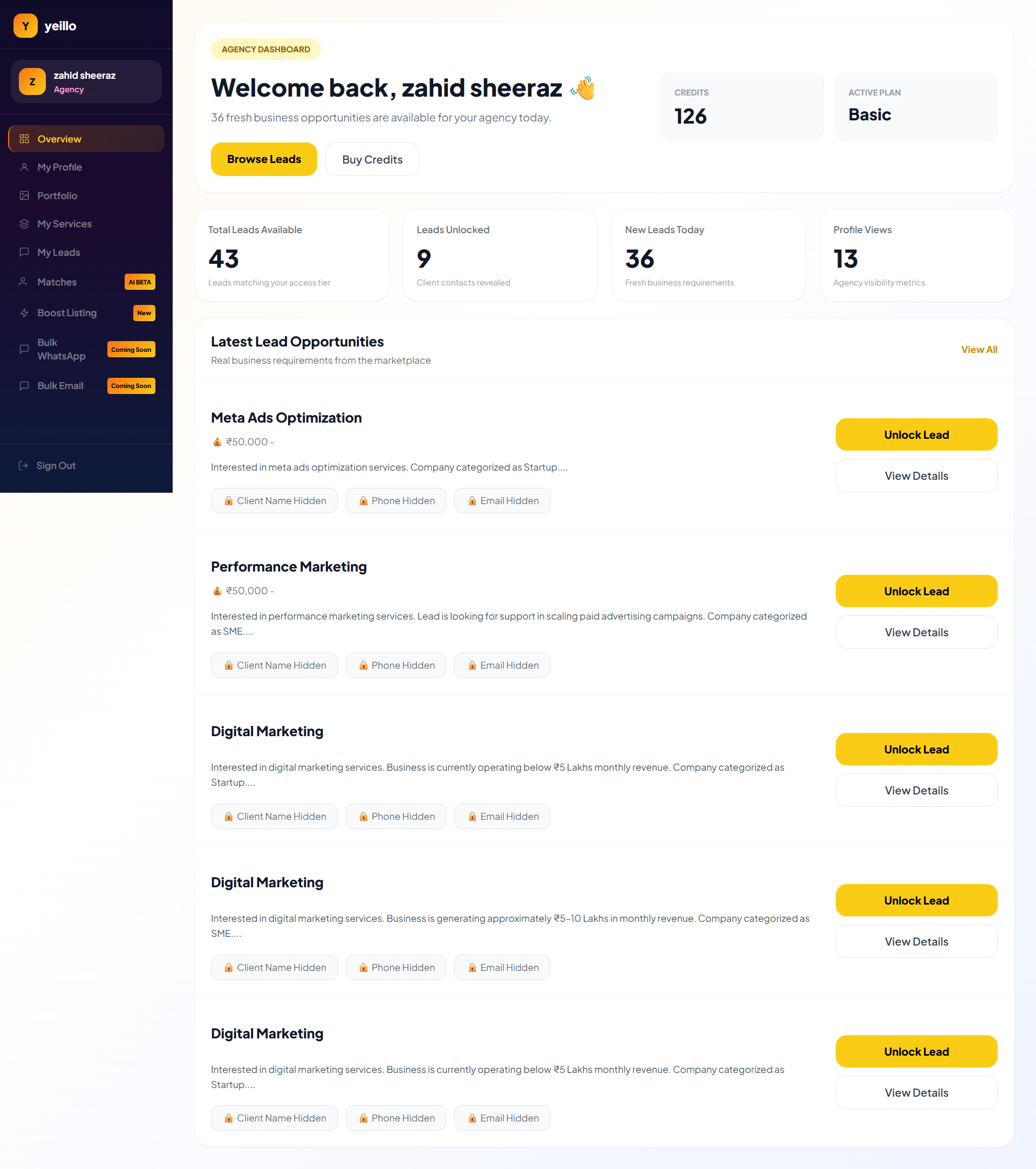 Yeillo Dashboard
